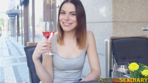 Sexy Brunette Babe Veronica enjoys drinking some juice at lunch